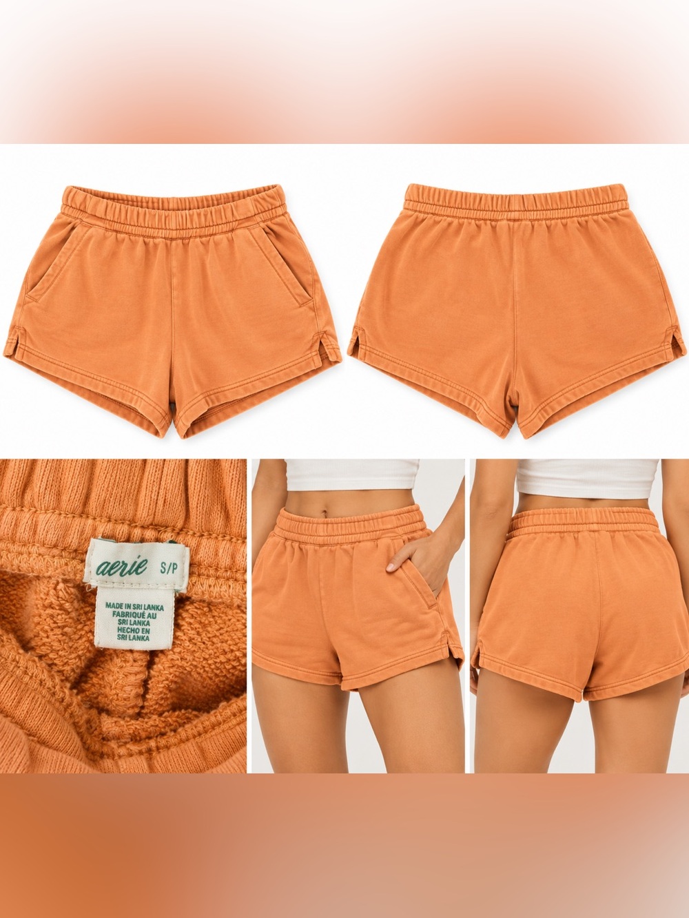 Aerie Size Small Orange Peach Terry Lounge Shorts Elastic Waist Pockets